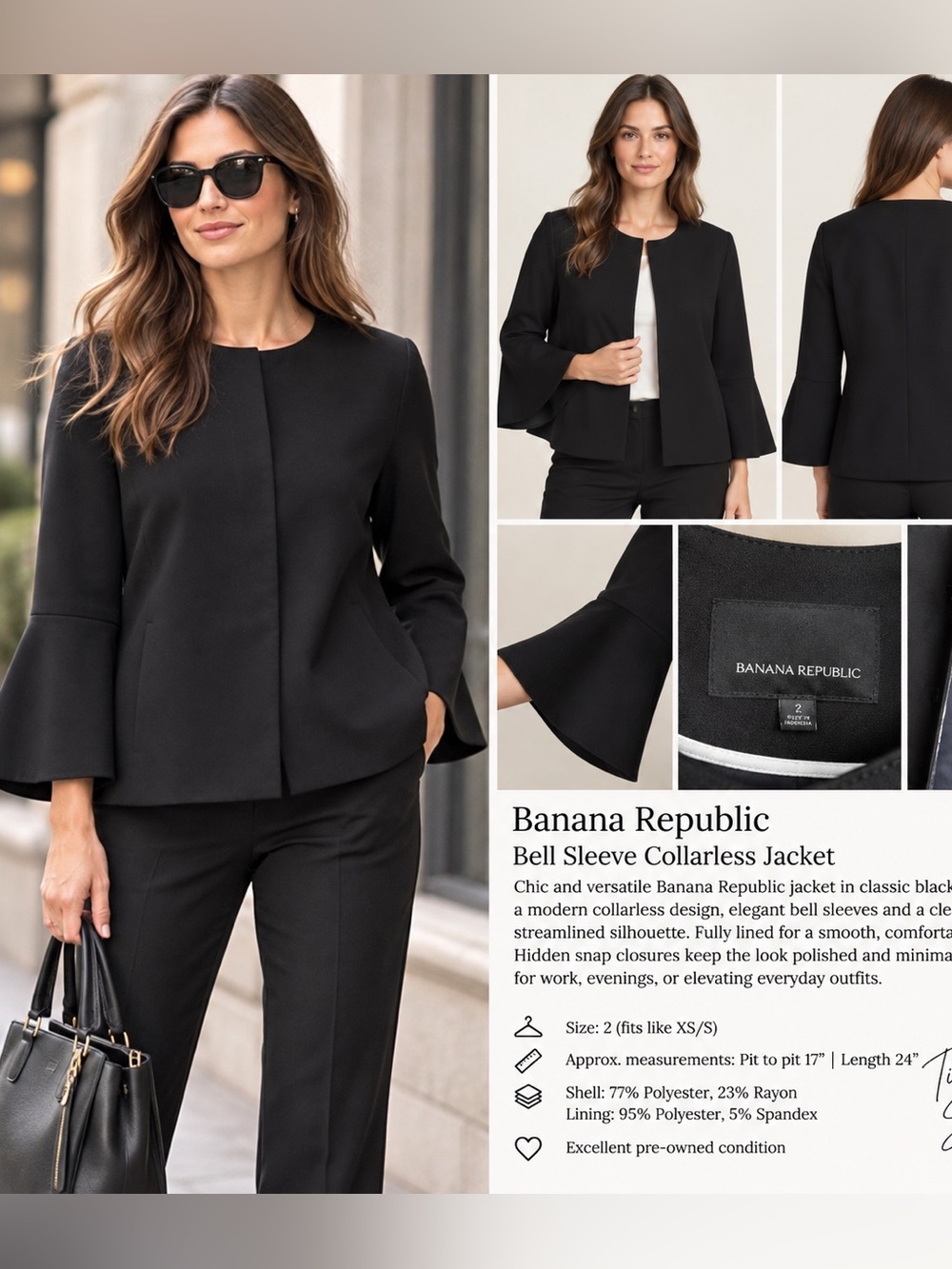 Banana Republic Black Bell Sleeve Collarless Jacket Blazer Size 2 NWT